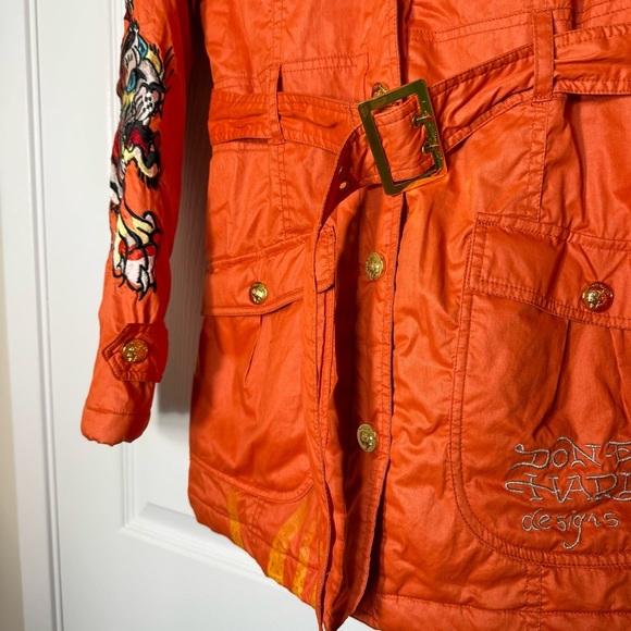 VTG Ed Hardy Trech Coats Embroidered Tiger Tattoo Y2K  Women Small Orange Gothic - Picture 5 of 14